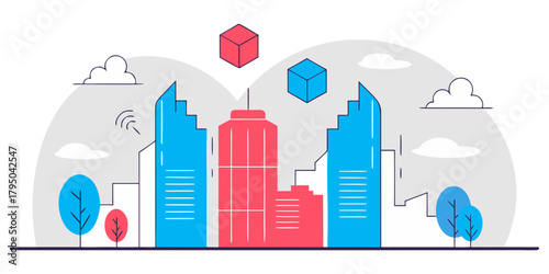 Holographic city skyline made of data blocks, glowing blue and purple tones, symbol of smart cities.