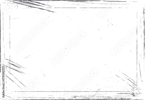 Distressed grey grunge border with scratches and speckles on white background texture