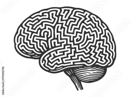 human brain with maze-like paths, representing complex thought, decision-making, and problem solving sketch engraving generative ai vector illustration. Scratch board imitation. Black and white image.