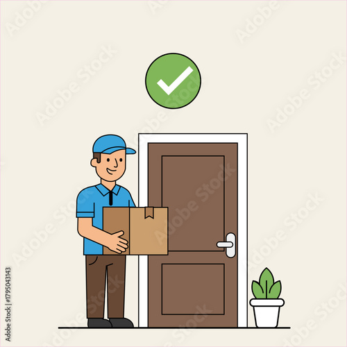 Successful home delivery by courier with check mark