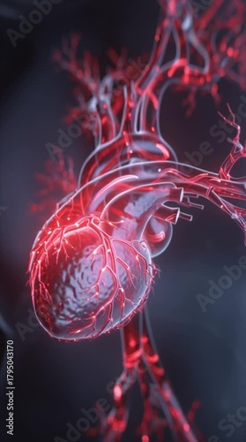 Stunning animated heart with red veins, human anatomy, blood circulation, medical concept