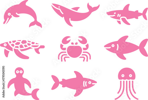 Sea animals silhouette icons set. dolphin, shark, crab, turtle, jellyfish vector illustration