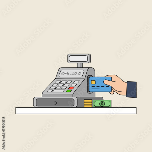 Cash register payment with credit card and cash