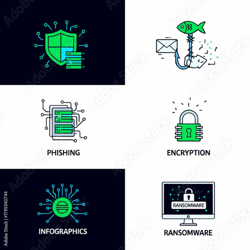 Cybersecurity Icon Set: Phishing, Data Encryption, Ransomware, and Digital Security. Technology and Cybercrime Prevention Vector Glyphs.