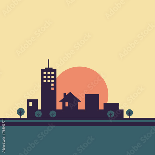 Retro style city silhouette at sunset or sunrise
