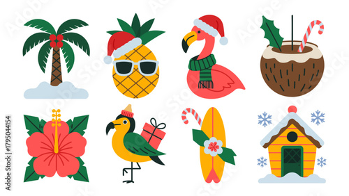 Festive Tropical Christmas Collection: Delightful illustrations blending tropical elements and holiday cheer, perfect for seasonal designs.