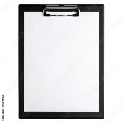 Black clipboard with a metal clip holding a blank white paper sheet. Isolated on transparent background.