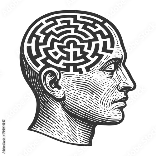 human head with a labyrinth inside the brain, problem-solving and complex thinking sketch engraving generative ai vector illustration. Scratch board imitation. Black and white image.