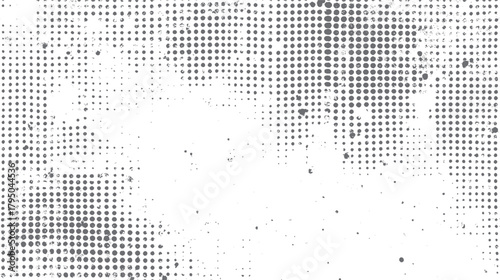 Gray halftone dots and speckles on a white textured background with varying dot density and scattered small dark marks