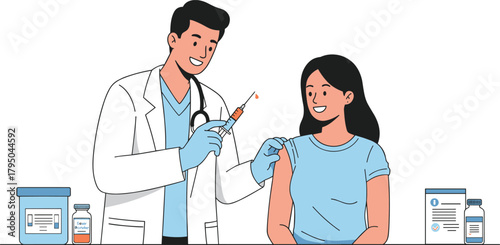 Healthcare professional giving vaccine injection, smiling patient receiving immunization, medical supplies on table, vaccination scene, public health, prevention, doctor and patient interaction