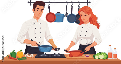 Male and female chefs cooking together in kitchen, teamwork, fresh vegetables, culinary preparation, stove, cookware, cartoon vector, professional kitchen scene