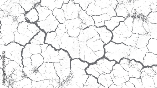 Seamless pattern of cracked dry earth surface with dark grey fissures and textured granular details on a white background
