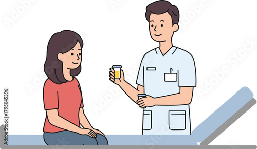 Patient and healthcare professional in medical check-up scene, specimen collection, cartoon vector, clinical setting, diagnostic procedure, hospital visit, healthcare concept