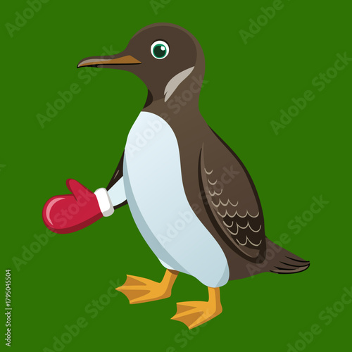A full-body illustration of a small penguin animal with a brown and white belly, wearing cheerful red mittens, standing ready for a cold day vector