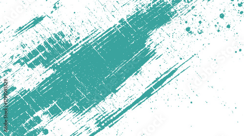 Teal blue paint brush strokes and splatters on a white textured background abstract