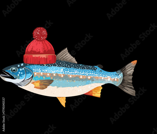 Humorous illustration of a fish animal, a trout wearing a red knitted winter beanie hat, lying against a dark green background, a cold-water concept vector