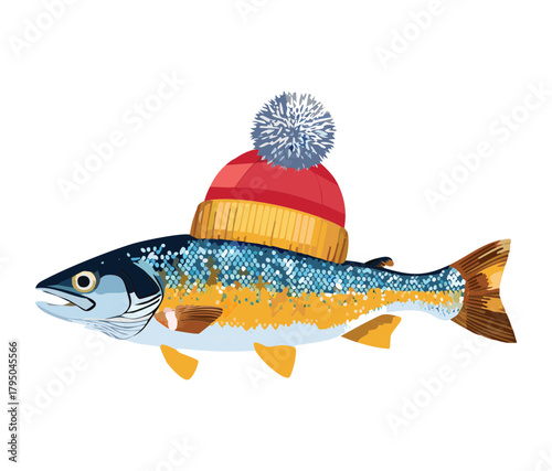 Humorous illustration of a dark blue trout fish animal wearing a red and white bobble pom-pom winter hat, suggesting a cold fishing theme vector