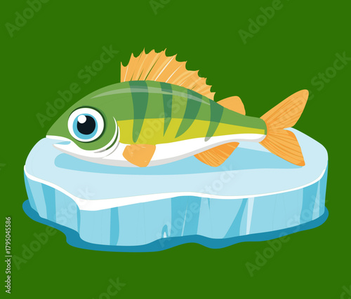 Freshwater animal illustration, a stylized perch fish resting on a block of transparent arctic ice, featuring yellow and green stripes