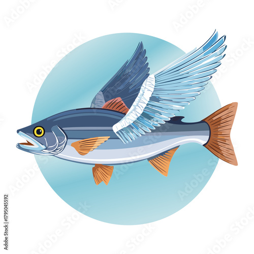Aquatic animal illustration, a trout or salmon with large feathered wings, leaping above a bright blue piece of chilly arctic ice vector
