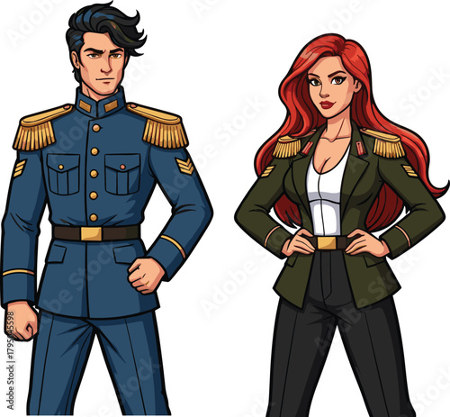 Stylized military leaders, confident stance pose, uniformed authority, cartoon characters, leadership expression, epaulet detail, discipline moment, visual strength, teamwork