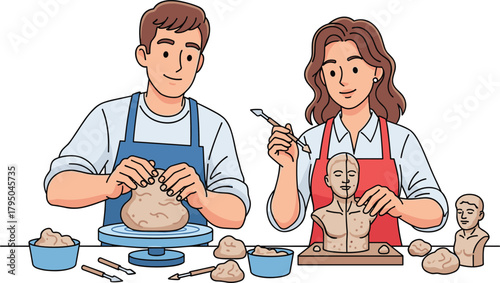 Two artists sculpting clay figures together in creative pottery studio, handmade ceramic sculpture workshop scene, students practicing sculpting techniques and artistic crafting skills