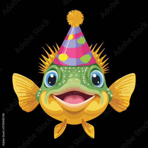 A cheerful vector illustration of an aquatic animal, a puffer fish mascot wearing a bright conical birthday party hat, ready for a celebration