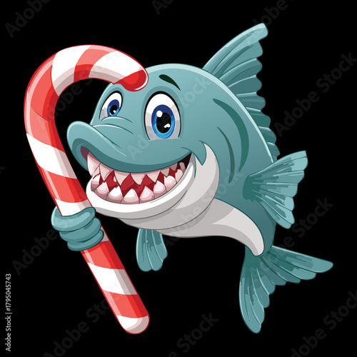 Fierce illustration of a large shark or bass fish animal with a menacing open mouth, wearing black sunglasses and holding a big red candy cane vector