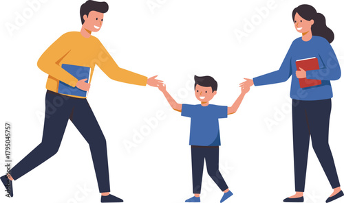 Two adults supporting child with books, cartoon vector, family or educational teamwork, learning moment, age contrast, guidance scene, white background