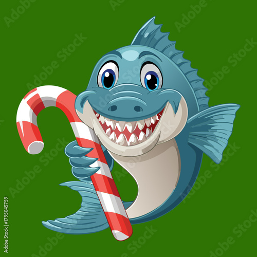 Funny vector illustration of a predatory sea fish animal with sharp teeth and an open mouth, holding a striped holiday candy cane and smiling
