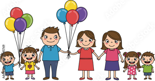 Two cartoon families with children and balloons, cheerful gathering, celebration moment, smiling characters, age contrast, colorful vector, happy family scene