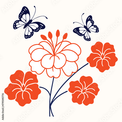 Geranium (Pelargonium) with flying butterfly, balanced vector composition, delicate lines, pastel background