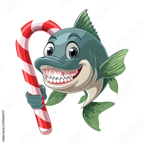 Cartoon illustration of a ferocious, smiling bass fish animal with large teeth, holding a giant red and white candy cane against a dark background vector