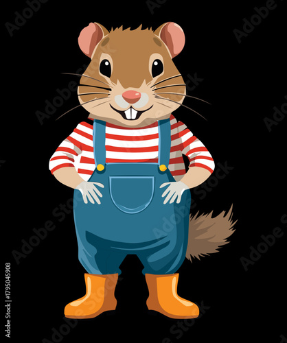 Happy cartoon illustration of a cute brown hamster animal wearing blue denim overalls and a striped shirt, standing on a white surface vector