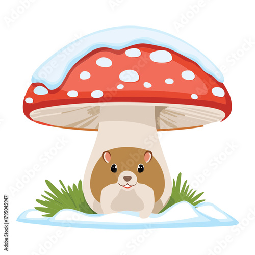 Cute vector illustration of a tiny, furry vole animal peeking out from under a red and white mushroom cap covered in a layer of snow