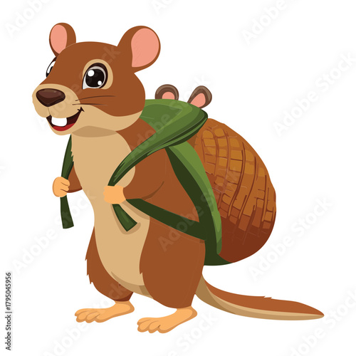 Cheerful Animal mouse hiker with a green backpack and walking stick setting off on a mountain journey vector