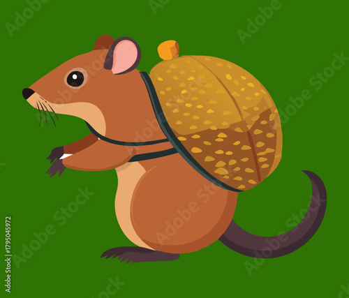 Cute small Animal mouse or rat carrying a large straw basket filled with food on its shoulder vector