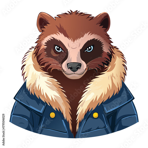 Animal raccoon or badger wearing a dark fur-collared coat, presenting a cool and serious gaze illustration vector