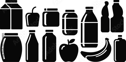 Food packaging silhouette icons set. bottle, jar, fruit, container vector illustration