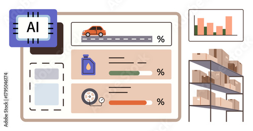 AI chip, vehicle stats, oil level, tire pressure meters, bar graph, warehouse shelves with boxes. Ideal for logistics, AI optimization, supply chain maintenance automation tracking efficiency