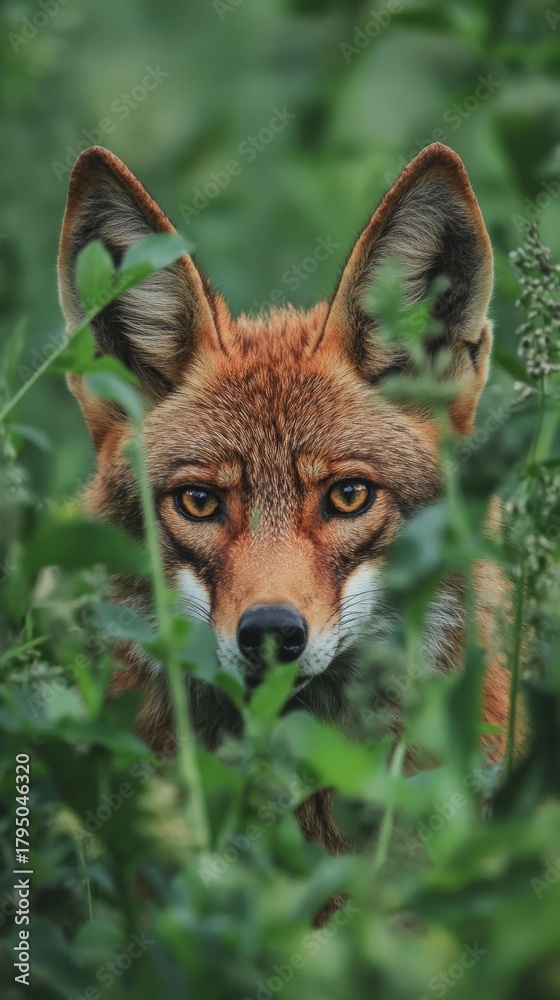 Fototapeta premium A red fox peeks out curiously from the grass, suitable for illustrating nature or as a background for environmental projects.