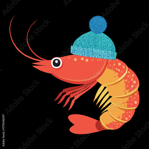 Smiling red shrimp Animal wearing a festive blue knit beanie hat, ideal for holiday designs illustration vector