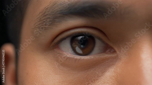 Close-up macro shot of a male Asian eye slowly opening and looking directly at the camera.