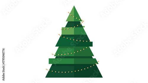 Geometric Festive Tree: A modern, minimalist illustration captures the essence of a holiday tree with a simple geometric design, adorned with twinkling string lights, perfect for festive decorations.