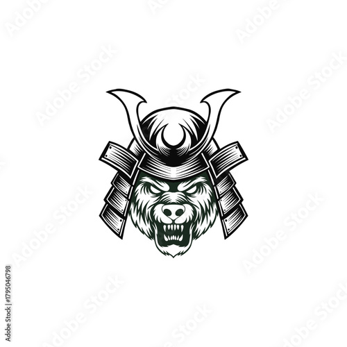black and white samurai bear logo illustration