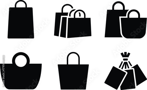 Shopping bag silhouette icons set. retail, market, tote, purchase vector illustration