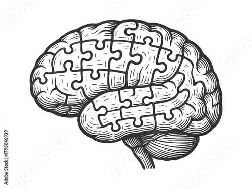 human brain designed with interlocking puzzle pieces, symbolizing mental health and cognition sketch engraving generative ai vector illustration. Scratch board imitation. Black and white image.