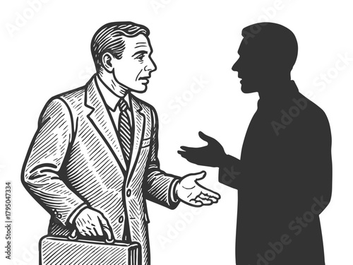 man in a suit standing face-to-face with his dark silhouette, symbolizing introspection and identity sketch engraving generative ai vector illustration. Scratch board. Black and white image.