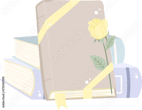 Stack of book with Yellow Rose Flower Illustration