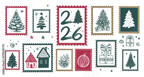Hand-Drawn Festive Winter Stamps Collection, New Year 2026	
