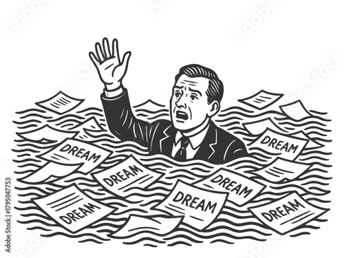 distressed businessman sinking in a sea of papers labeled Unfinished Dreams, failure, regret, and lost ambition sketch engraving generative ai vector illustration. Scratch board. Black and white.